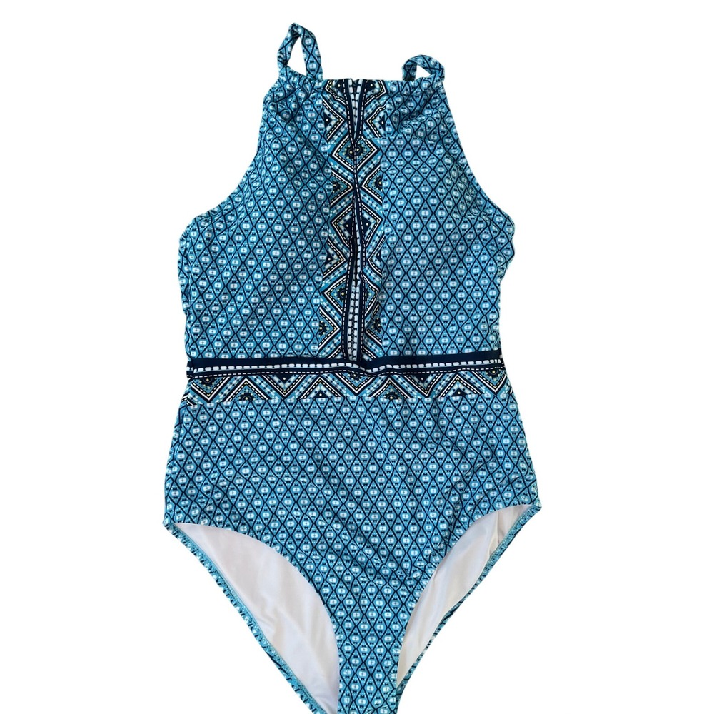 Cupshe Womens Blue Geometric High Neck Keyhole One Piece Swimsuit Size M NEW